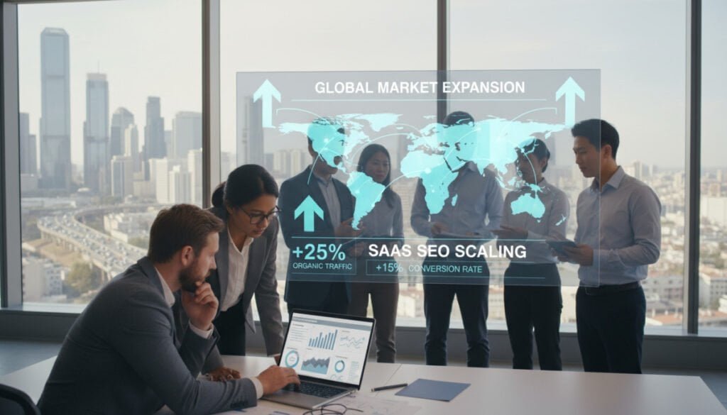 A dynamic, modern office environment showcasing a diverse group of professionals collaborating on a digital marketing strategy. In the foreground, two individuals, one male and one female, are analyzing data on a laptop, dressed in smart casual attire. The middle ground features a large digital map highlighting various global markets, with arrows indicating upward growth and SEO metrics. In the background, large windows reveal a bustling cityscape, symbolizing global expansion. The lighting is bright and natural, creating an atmosphere of optimism and productivity. The angle is slightly elevated, offering a comprehensive view of the team’s collaboration, emphasizing innovation and strategic planning in scaling SaaS SEO efforts for international growth. A dynamic, modern office environment showcasing a diverse group of professionals collaborating on a digital marketing strategy. In the foreground, two individuals, one male and one female, are analyzing data on a laptop, dressed in smart casual attire. The middle ground features a large digital map highlighting various global markets, with arrows indicating upward growth and SEO metrics. In the background, large windows reveal a bustling cityscape, symbolizing global expansion. The lighting is bright and natural, creating an atmosphere of optimism and productivity. The angle is slightly elevated, offering a comprehensive view of the team’s collaboration, emphasizing innovation and strategic planning in scaling SaaS SEO efforts for international growth.