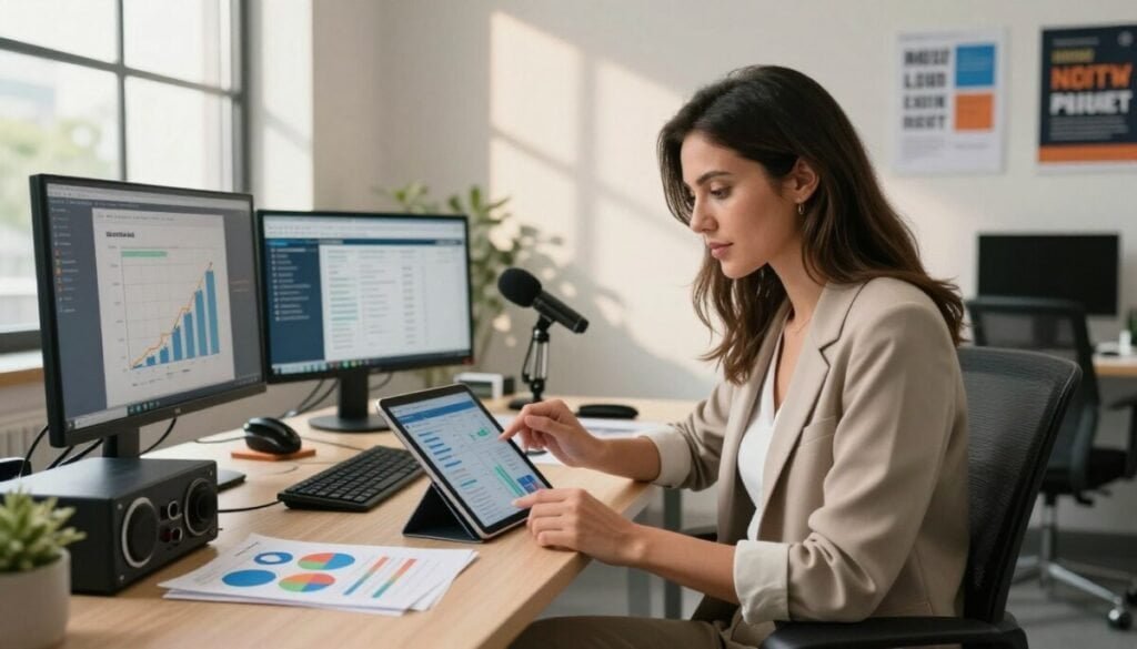A dynamic office environment capturing the essence of measuring ROI in podcast repurposing. In the foreground, a confident businesswoman in smart casual attire analyzes data on a digital tablet, her expression focused and engaged. The middle ground features a modern desk cluttered with audio equipment, charts showing upward trends, and a laptop displaying analytical tools. The background includes a large window with natural sunlight streaming in, casting soft shadows on the walls adorned with motivational posters related to content creation. The atmosphere is vibrant yet professional, with a sense of productivity and creativity, captured at a slight angle to emphasize depth, using a warm color palette. The lighting is bright and inviting, enhancing the mood of innovation and success.