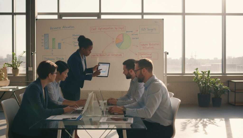 A dynamic office environment showcasing a team of diverse professionals engaged in a strategy session. In the foreground, a group of four individuals, dressed in business attire, are analyzing data on laptops and digital tablets. The middle ground features a large whiteboard filled with colorful graphs, charts, and diagrams representing resource allocation and cost optimization strategies. In the background, large windows allow natural light to flood the room, creating a bright and optimistic atmosphere. Soft shadows enhance the focus on the collaborative work being done. The overall mood is one of innovation and efficiency, illustrating an active approach to rightsizing and eliminating resource waste. A dynamic office environment showcasing a team of diverse professionals engaged in a strategy session. In the foreground, a group of four individuals, dressed in business attire, are analyzing data on laptops and digital tablets. The middle ground features a large whiteboard filled with colorful graphs, charts, and diagrams representing resource allocation and cost optimization strategies. In the background, large windows allow natural light to flood the room, creating a bright and optimistic atmosphere. Soft shadows enhance the focus on the collaborative work being done. The overall mood is one of innovation and efficiency, illustrating an active approach to rightsizing and eliminating resource waste.