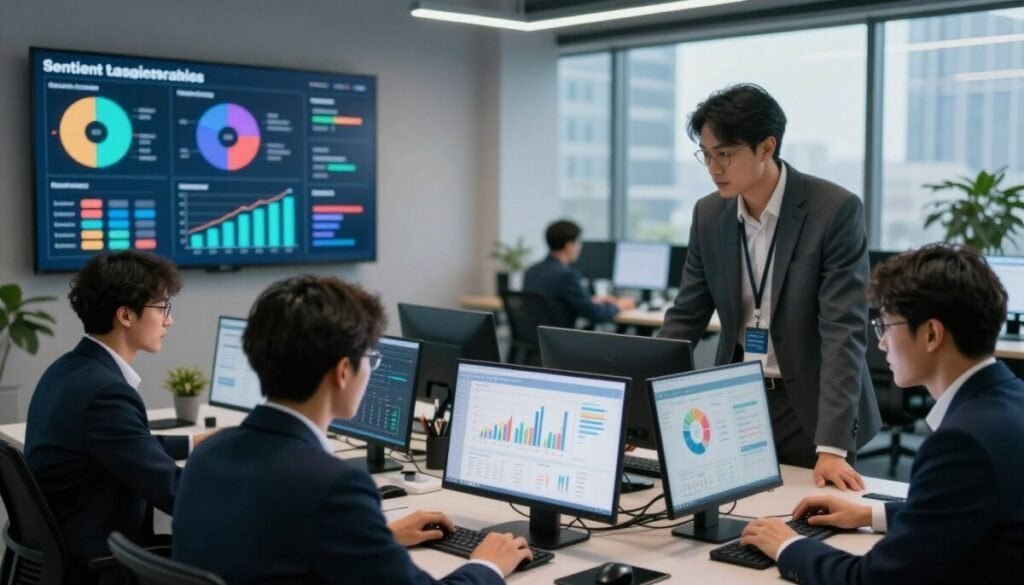 A dynamic office scene featuring professionals engaged in social listening and sentiment analysis. In the foreground, a diverse group of three people in professional business attire are analyzing data on digital devices, with graphs and charts visible on their screens. The middle layer shows an interactive display board highlighting key metrics of sentiment analysis, with vibrant color-coded emotional indicators (positive, neutral, negative). In the background, a modern office environment enhances productivity, with large windows revealing a cityscape and natural light flooding the room. The atmosphere conveys a sense of collaboration and focus, illuminated by ambient lighting that emphasizes the technology being used. The angle captures the energy and engagement of the team, making it clear that they are at the forefront of innovative marketing strategies. A dynamic office scene featuring professionals engaged in social listening and sentiment analysis. In the foreground, a diverse group of three people in professional business attire are analyzing data on digital devices, with graphs and charts visible on their screens. The middle layer shows an interactive display board highlighting key metrics of sentiment analysis, with vibrant color-coded emotional indicators (positive, neutral, negative). In the background, a modern office environment enhances productivity, with large windows revealing a cityscape and natural light flooding the room. The atmosphere conveys a sense of collaboration and focus, illuminated by ambient lighting that emphasizes the technology being used. The angle captures the energy and engagement of the team, making it clear that they are at the forefront of innovative marketing strategies.