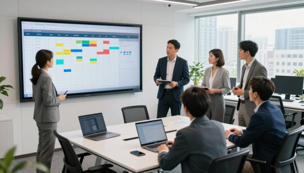 A dynamic office scene showcasing comprehensive management scheduling for a service-oriented team. In the foreground, a diverse group of four professionals—two men and two women—are engaged in a collaborative discussion around a large digital display board filled with colorful charts and schedules. They are dressed in smart business attire. The middle ground features modern office furniture, ergonomic chairs, and a sleek conference table, with laptops and smartphones scattered around. In the background, large windows allow natural light to flood the room, highlighting a cityscape skyline. The atmosphere is focused and energetic, conveying productivity and teamwork. The lighting is bright and balanced, captured from a slightly elevated angle to showcase the laid-out scheduling tools. A dynamic office scene showcasing comprehensive management scheduling for a service-oriented team. In the foreground, a diverse group of four professionals—two men and two women—are engaged in a collaborative discussion around a large digital display board filled with colorful charts and schedules. They are dressed in smart business attire. The middle ground features modern office furniture, ergonomic chairs, and a sleek conference table, with laptops and smartphones scattered around. In the background, large windows allow natural light to flood the room, highlighting a cityscape skyline. The atmosphere is focused and energetic, conveying productivity and teamwork. The lighting is bright and balanced, captured from a slightly elevated angle to showcase the laid-out scheduling tools.