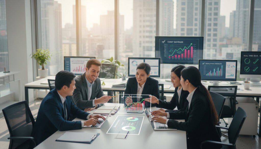 A dynamic office setting illustrating the benefits of ERP for businesses. In the foreground, a group of diverse professionals in smart business attire engages in a collaborative discussion around a table covered with digital devices displaying graphs of cost savings and productivity metrics. In the middle ground, elements symbolizing compliance, such as checklists and regulatory documents, are integrated into the workspace. The background features a modern office design with large windows allowing natural light to flood the space, creating a bright and optimistic atmosphere. The overall mood is focused and energetic, capturing the spirit of innovation and growth that comes with ERP systems. The composition is shot from a slightly elevated angle, emphasizing teamwork and the importance of organizational efficiency. A dynamic office setting illustrating the benefits of ERP for businesses. In the foreground, a group of diverse professionals in smart business attire engages in a collaborative discussion around a table covered with digital devices displaying graphs of cost savings and productivity metrics. In the middle ground, elements symbolizing compliance, such as checklists and regulatory documents, are integrated into the workspace. The background features a modern office design with large windows allowing natural light to flood the space, creating a bright and optimistic atmosphere. The overall mood is focused and energetic, capturing the spirit of innovation and growth that comes with ERP systems. The composition is shot from a slightly elevated angle, emphasizing teamwork and the importance of organizational efficiency.