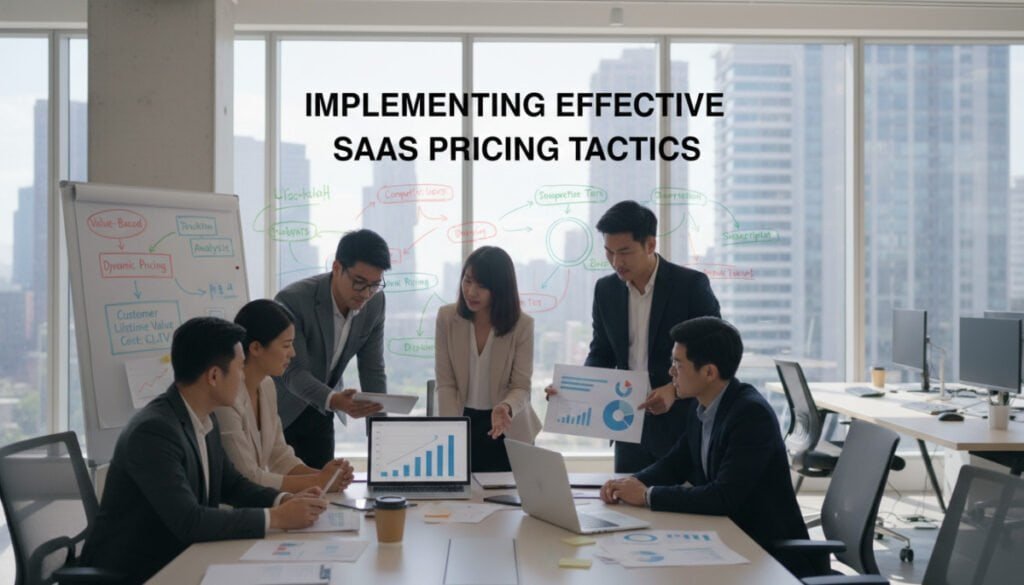 A dynamic office setting reflecting the theme of "Implementing Effective SaaS Pricing Tactics." In the foreground, a diverse group of professionals in business attire are engaged in a brainstorming session, surrounded by laptops, charts, and graphs showcasing pricing models. The middle ground features a large whiteboard filled with colorful diagrams, pricing strategies, and key metrics. The background includes sleek modern furniture and a large window displaying a city skyline under bright natural light, creating a vibrant atmosphere of collaboration and innovation. The lighting is bright and inviting, emphasizing productivity and focus, while the angle captures both the team’s engagement and the tools they’re using to discuss pricing strategies.