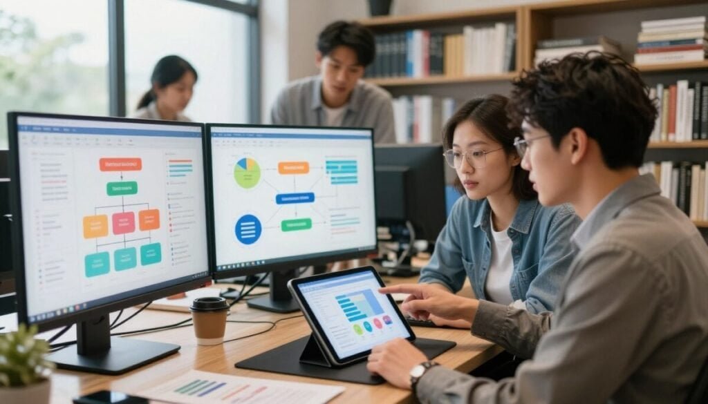 A dynamic office workspace where a diverse team of professionals is collaboratively analyzing user feedback data displayed on colorful charts and graphs. In the foreground, two colleagues in smart-casual attire discuss insights, pointing at a digital tablet. The middle layer features a large screen showcasing user feedback graphs and flowcharts, representing various product management workflows. In the background, bookshelves filled with product management and UX design books add depth. Soft, natural light streams in through a large window, illuminating the space and creating a productive atmosphere. The overall mood is focused, innovative, and collaborative, conveying the synergy of integrating user feedback into product management. A dynamic office workspace where a diverse team of professionals is collaboratively analyzing user feedback data displayed on colorful charts and graphs. In the foreground, two colleagues in smart-casual attire discuss insights, pointing at a digital tablet. The middle layer features a large screen showcasing user feedback graphs and flowcharts, representing various product management workflows. In the background, bookshelves filled with product management and UX design books add depth. Soft, natural light streams in through a large window, illuminating the space and creating a productive atmosphere. The overall mood is focused, innovative, and collaborative, conveying the synergy of integrating user feedback into product management.