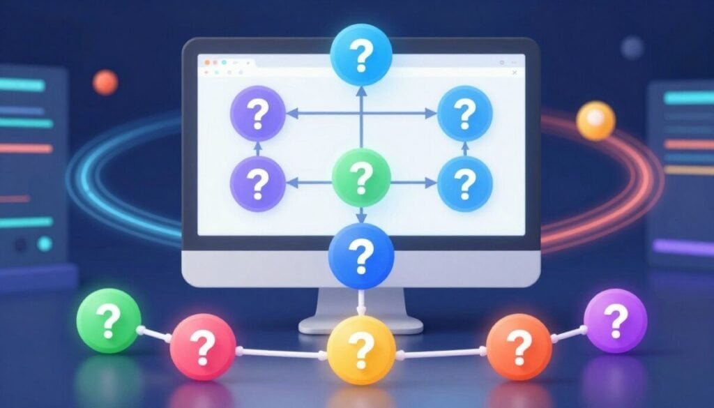 A dynamic, visually appealing illustration of question branching in a digital quiz funnel context. In the foreground, a series of colorful, interconnected nodes represent questions, emanating from a central hub, each node glowing softly. The middle layer features a sleek, modern computer screen displaying a quiz interface with these branching paths. In the background, an abstract, tech-inspired environment with swirling data streams and light flares creates a futuristic ambiance. The lighting is bright and inviting, enhancing the vibrant colors of the nodes. The mood is engaging and innovative, reflecting the concept of personalized quizzes that drive conversions. The composition should be balanced and structured, emphasizing clarity and visualization of smart question branching without any text elements. A dynamic, visually appealing illustration of question branching in a digital quiz funnel context. In the foreground, a series of colorful, interconnected nodes represent questions, emanating from a central hub, each node glowing softly. The middle layer features a sleek, modern computer screen displaying a quiz interface with these branching paths. In the background, an abstract, tech-inspired environment with swirling data streams and light flares creates a futuristic ambiance. The lighting is bright and inviting, enhancing the vibrant colors of the nodes. The mood is engaging and innovative, reflecting the concept of personalized quizzes that drive conversions. The composition should be balanced and structured, emphasizing clarity and visualization of smart question branching without any text elements.