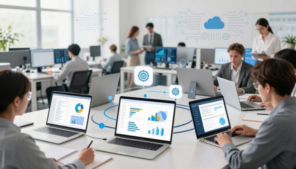 A dynamic, visually engaging illustration of automation workflows designed for content teams. In the foreground, depict interconnected digital devices such as laptops and tablets, displaying graphs and automation software interfaces. The middle layer features a modern office space with diverse professionals in business attire, collaborating and analyzing data on screens. The background incorporates abstract elements like circuit patterns and cloud symbols, representing technology and digital workflows. Use soft, natural lighting to create an inviting yet productive atmosphere. The angle should be slightly elevated, providing a clear view of both the technology and the teamwork involved. The overall mood should convey efficiency, innovation, and collaboration in the digital workspace.