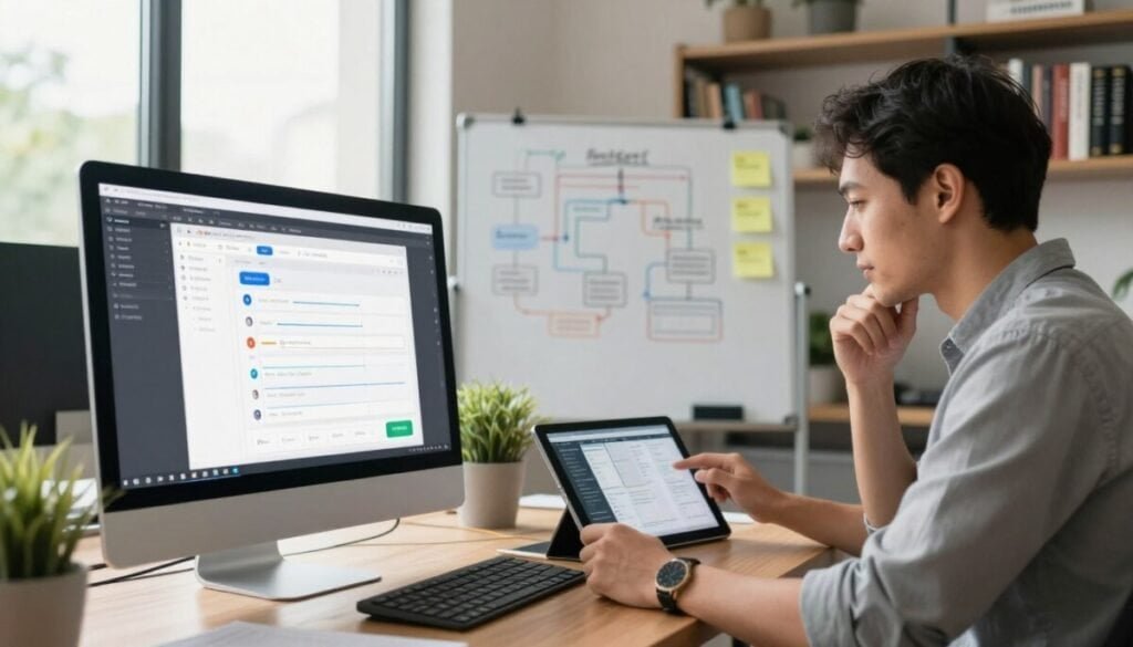 A focused developer workspace illuminated by soft, natural light streaming through large windows. In the foreground, a computer screen displays a session replay tool interface, showcasing user interactions in an organized timeline with clear visuals of clicks and scrolling. To the right, a professional developer in smart casual attire analyzes data on a tablet, deep in thought. In the middle ground, a whiteboard filled with flowcharts and sticky notes represents ongoing debugging tasks. The background features bookshelves lined with technical books and a potted plant adding a touch of greenery. The atmosphere is productive and collaborative, conveying a sense of concentration and innovation in the realm of user experience and performance optimization. The image captures an environment where developers efficiently address usability issues. A focused developer workspace illuminated by soft, natural light streaming through large windows. In the foreground, a computer screen displays a session replay tool interface, showcasing user interactions in an organized timeline with clear visuals of clicks and scrolling. To the right, a professional developer in smart casual attire analyzes data on a tablet, deep in thought. In the middle ground, a whiteboard filled with flowcharts and sticky notes represents ongoing debugging tasks. The background features bookshelves lined with technical books and a potted plant adding a touch of greenery. The atmosphere is productive and collaborative, conveying a sense of concentration and innovation in the realm of user experience and performance optimization. The image captures an environment where developers efficiently address usability issues.