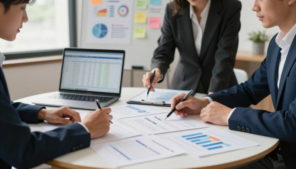 A focused workspace scene featuring a round table covered with organized meeting notes about pricing comparison. In the foreground, crisp, neatly arranged pages with bullet points and charts illustrate different pricing models and free plan options. A laptop sits open with a spreadsheet displayed, showcasing comparative data. In the middle ground, a diverse group of professionals in business attire—two women and one man—are engaged in discussion, pens in hand, one pointing at the notes. The background includes a whiteboard filled with colorful diagrams and sticky notes. Soft, natural lighting enters through a nearby window, creating a collaborative and productive atmosphere, evoking a sense of teamwork and focused analysis. A focused workspace scene featuring a round table covered with organized meeting notes about pricing comparison. In the foreground, crisp, neatly arranged pages with bullet points and charts illustrate different pricing models and free plan options. A laptop sits open with a spreadsheet displayed, showcasing comparative data. In the middle ground, a diverse group of professionals in business attire—two women and one man—are engaged in discussion, pens in hand, one pointing at the notes. The background includes a whiteboard filled with colorful diagrams and sticky notes. Soft, natural lighting enters through a nearby window, creating a collaborative and productive atmosphere, evoking a sense of teamwork and focused analysis.