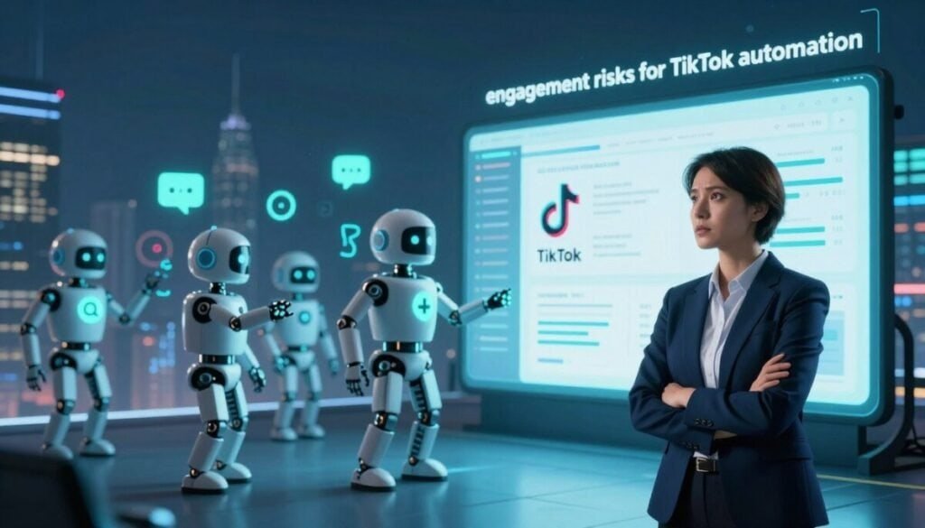 A futuristic digital landscape illustrating the concept of "engagement risks for TikTok automation." In the foreground, a concerned business professional in smart business attire stands beside a large, glowing screen displaying analytics and engagement metrics from TikTok. In the middle ground, a series of stylized engagement bots—represented by abstract, robotic figures—are depicted interacting with content, showcasing both positive and negative engagement patterns. The background features a city skyline with a hint of social media icons subtly integrated into the buildings, symbolizing the reach of TikTok. The scene is illuminated with cool blue and green hues, creating a digital and urgent atmosphere, while a slight lens blur emphasizes the action on the screen. The overall mood conveys caution and the complexities of automation in digital engagement.
