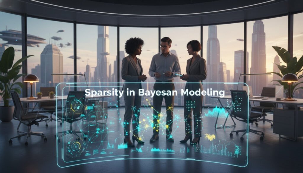 A futuristic office environment representing the concept of "Sparsity in Bayesian Modeling." In the foreground, a computer screen displays intricate data visualizations and sparse matrix graphs in bright, vivid colors. In the middle, a diverse team of three professionals, dressed in smart business attire, engages in discussion, analyzing the visualizations. They appear focused and collaborative. The background showcases a large window with a panoramic view of a bustling cityscape bathed in soft, natural light, indicating a productive yet tranquil atmosphere. The lighting is a mix of warm tones from desk lamps and cool hues from the screens, creating a balanced, professional mood. Use a wide-angle lens effect to emphasize the workspace's openness and modernity while maintaining clarity in the details. A futuristic office environment representing the concept of "Sparsity in Bayesian Modeling." In the foreground, a computer screen displays intricate data visualizations and sparse matrix graphs in bright, vivid colors. In the middle, a diverse team of three professionals, dressed in smart business attire, engages in discussion, analyzing the visualizations. They appear focused and collaborative. The background showcases a large window with a panoramic view of a bustling cityscape bathed in soft, natural light, indicating a productive yet tranquil atmosphere. The lighting is a mix of warm tones from desk lamps and cool hues from the screens, creating a balanced, professional mood. Use a wide-angle lens effect to emphasize the workspace's openness and modernity while maintaining clarity in the details.