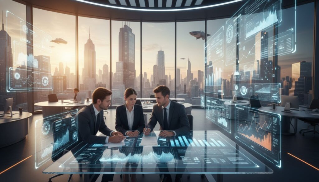 A futuristic office environment showcasing AI-driven pricing innovations. In the foreground, a diverse group of three professionals in business attire, engaged in a dynamic discussion over a digital screen displaying fluctuating pricing graphs and analytical data. In the middle ground, sleek digital interfaces blend seamlessly with holographic elements, illustrating the intersection of technology and commerce. In the background, large windows reveal a vibrant city skyline, bathed in natural light, hinting at a bustling marketplace. The atmosphere is optimistic and progressive, evoking a sense of innovation and forward-thinking. Soft lighting highlights the expressions of collaboration and focus, while a wide-angle perspective emphasizes the interconnectedness of their ideas and the environment.