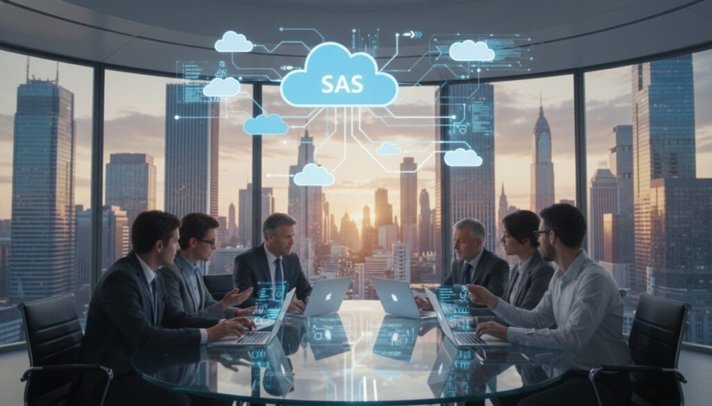 A futuristic office environment showcasing the concept of cloud computing in delivering SaaS applications. In the foreground, a diverse group of professionals dressed in smart business attire is collaborating around a sleek, modern table with laptops displaying cloud interfaces and data graphs. The middle ground features floating digital cloud icons interconnected with lines of light, representing data flow and connectivity. The background displays a panoramic window revealing a city skyline bathed in warm, natural light, emphasizing innovation and technology. The atmosphere is vibrant and dynamic, suggesting energy and collaboration, with soft lighting creating a professional yet inviting mood. The angle is slightly elevated, focusing on the interaction between the team and the digital elements. A futuristic office environment showcasing the concept of cloud computing in delivering SaaS applications. In the foreground, a diverse group of professionals dressed in smart business attire is collaborating around a sleek, modern table with laptops displaying cloud interfaces and data graphs. The middle ground features floating digital cloud icons interconnected with lines of light, representing data flow and connectivity. The background displays a panoramic window revealing a city skyline bathed in warm, natural light, emphasizing innovation and technology. The atmosphere is vibrant and dynamic, suggesting energy and collaboration, with soft lighting creating a professional yet inviting mood. The angle is slightly elevated, focusing on the interaction between the team and the digital elements.