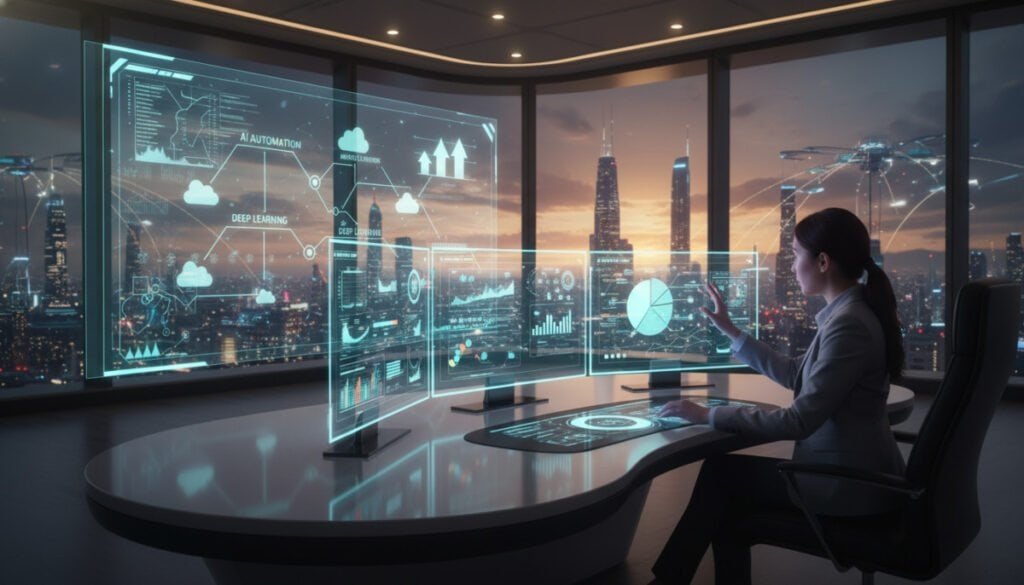 A futuristic office space featuring advanced SaaS tools in action. In the foreground, a sleek, modern desk with multiple high-resolution screens displaying data analytics and cloud integrations. A professional businessperson in smart attire is actively engaging with the tools, surrounded by holographic charts and graphs illuminating the surrounding area. In the middle ground, a bright digital interface illustrating trends like AI automation and machine learning capabilities, with soft glowing lights that suggest innovation. The background showcases a panoramic cityscape through large windows, symbolizing digital transformation and a connected future. The scene is well-lit with a warm, inviting atmosphere, emphasizing productivity and forward-thinking technology. The angle is slightly elevated, providing a comprehensive view of the workspace's dynamic environment. A futuristic office space featuring advanced SaaS tools in action. In the foreground, a sleek, modern desk with multiple high-resolution screens displaying data analytics and cloud integrations. A professional businessperson in smart attire is actively engaging with the tools, surrounded by holographic charts and graphs illuminating the surrounding area. In the middle ground, a bright digital interface illustrating trends like AI automation and machine learning capabilities, with soft glowing lights that suggest innovation. The background showcases a panoramic cityscape through large windows, symbolizing digital transformation and a connected future. The scene is well-lit with a warm, inviting atmosphere, emphasizing productivity and forward-thinking technology. The angle is slightly elevated, providing a comprehensive view of the workspace's dynamic environment.