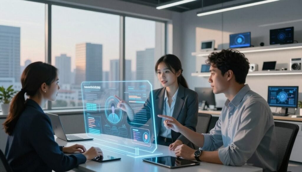 A futuristic office space where an AI-driven system is personalizing marketing strategies. In the foreground, a diverse team of three professionals—two men and one woman—are gathered around a sleek, holographic interface displaying data visualizations and customer insights. The woman, dressed in smart casual attire, gestures toward the hologram while the men, one in a suit and the other in a modern shirt, analyze the information. In the middle ground, a large window reveals a vibrant cityscape, illuminated by soft afternoon light casting gentle shadows. The background features high-tech shelving filled with digital devices that enhance productivity. The atmosphere is dynamic and collaborative, reflecting innovation and teamwork in harnessing AI for effective personalization in marketing. Soft, natural lighting enhances the professionalism of the scene. A futuristic office space where an AI-driven system is personalizing marketing strategies. In the foreground, a diverse team of three professionals—two men and one woman—are gathered around a sleek, holographic interface displaying data visualizations and customer insights. The woman, dressed in smart casual attire, gestures toward the hologram while the men, one in a suit and the other in a modern shirt, analyze the information. In the middle ground, a large window reveals a vibrant cityscape, illuminated by soft afternoon light casting gentle shadows. The background features high-tech shelving filled with digital devices that enhance productivity. The atmosphere is dynamic and collaborative, reflecting innovation and teamwork in harnessing AI for effective personalization in marketing. Soft, natural lighting enhances the professionalism of the scene.