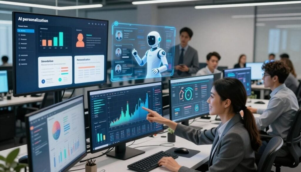 A futuristic workspace illustrating "AI personalization" featuring a diverse team of professionals in business attire collaborating over large, interactive screens displaying user data and algorithms. In the foreground, a smiling woman points at a dynamic graph that showcases real-time optimization data. The middle layer shows another colleague analyzing personalized content suggestions, while a digital assistant visualizes user preferences in holographic form. The background reveals a clean, modern office with soft ambient lighting, powering a sense of innovation and teamwork. The atmosphere is energetic yet focused, captured from a slightly elevated angle to emphasize the collaboration and technological engagement within the scene. A futuristic workspace illustrating "AI personalization" featuring a diverse team of professionals in business attire collaborating over large, interactive screens displaying user data and algorithms. In the foreground, a smiling woman points at a dynamic graph that showcases real-time optimization data. The middle layer shows another colleague analyzing personalized content suggestions, while a digital assistant visualizes user preferences in holographic form. The background reveals a clean, modern office with soft ambient lighting, powering a sense of innovation and teamwork. The atmosphere is energetic yet focused, captured from a slightly elevated angle to emphasize the collaboration and technological engagement within the scene.