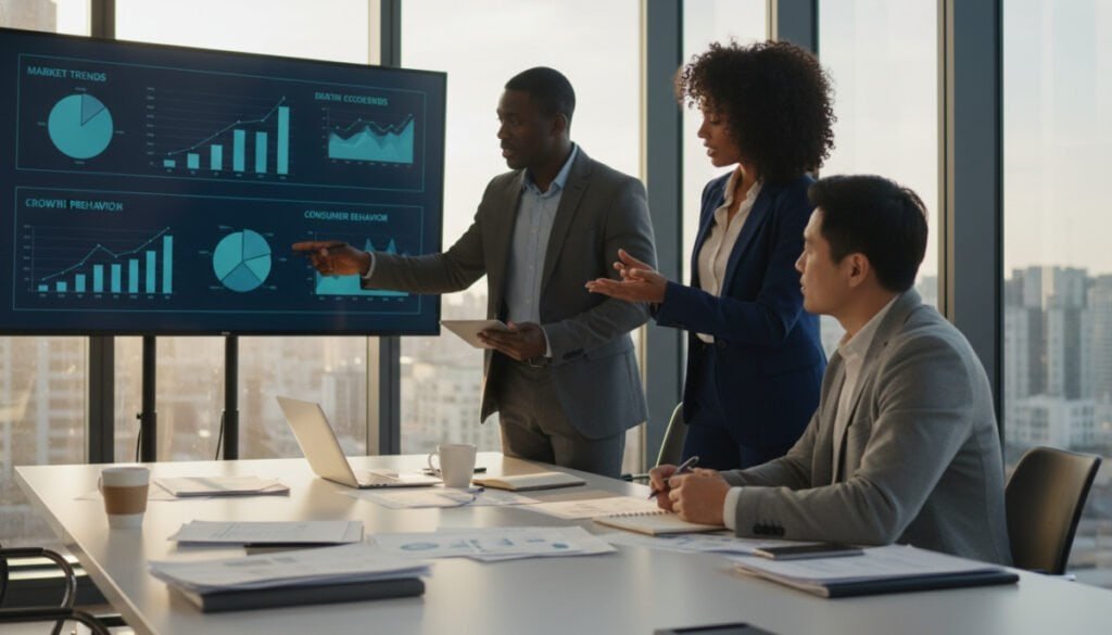 A group of three diverse industry experts engaged in a serious discussion around a modern conference table, surrounded by digital screens displaying data analytics and charts, representing real-world insights. The foreground features the experts, with one woman and two men in professional business attire, actively sharing ideas, gesturing, and taking notes. In the middle, the conference table is cluttered with laptops, notebooks, and coffee cups, emphasizing a collaborative atmosphere. The background highlights a sleek, modern office with floor-to-ceiling windows showing a cityscape bathed in warm afternoon sunlight. The lighting is bright yet soft, creating an inviting and productive ambiance, captured from a slight upward angle to emphasize the experts' engagement. A group of three diverse industry experts engaged in a serious discussion around a modern conference table, surrounded by digital screens displaying data analytics and charts, representing real-world insights. The foreground features the experts, with one woman and two men in professional business attire, actively sharing ideas, gesturing, and taking notes. In the middle, the conference table is cluttered with laptops, notebooks, and coffee cups, emphasizing a collaborative atmosphere. The background highlights a sleek, modern office with floor-to-ceiling windows showing a cityscape bathed in warm afternoon sunlight. The lighting is bright yet soft, creating an inviting and productive ambiance, captured from a slight upward angle to emphasize the experts' engagement.