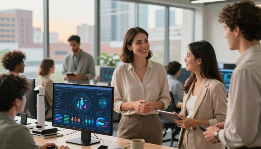 A harmonious urban workspace featuring a professional woman in modest business attire engaged in conversation with a diverse group of colleagues, symbolizing authentic human connection. In the foreground, a high-tech automation system showcases data analytics and community interaction metrics, subtly integrated with warm, inviting colors. The middle layer captures the interaction—genuine smiles and active listening—while emphasizing teamwork. In the background, large windows reveal a vibrant cityscape under soft, natural lighting, casting gentle shadows that enhance the warmth of the scene. The atmosphere is uplifting and collaborative, expressing a perfect balance between technology and interpersonal relationships, resonating with the theme of community management.