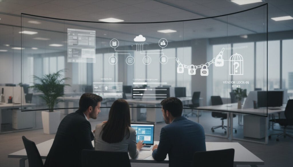 A high-tech office environment showcasing the concept of "Integration, Customization, and Vendor Lock-In Concerns." In the foreground, a diverse group of three professionals in business attire are engaged in a discussion over a laptop displaying complex software interfaces and integrations. The middle layer features a large screen on the wall illustrating data flow diagrams, customization options, and vendor lock-in chains with visual icons. The background reveals a modern office filled with glass partitions and greenery, creating a vibrant atmosphere. Soft, ambient lighting casts a warm glow, highlighting the concentration on the professionals' faces, while a slight depth of field effect focuses on the team, giving a sense of collaboration and urgency in decision-making. A high-tech office environment showcasing the concept of "Integration, Customization, and Vendor Lock-In Concerns." In the foreground, a diverse group of three professionals in business attire are engaged in a discussion over a laptop displaying complex software interfaces and integrations. The middle layer features a large screen on the wall illustrating data flow diagrams, customization options, and vendor lock-in chains with visual icons. The background reveals a modern office filled with glass partitions and greenery, creating a vibrant atmosphere. Soft, ambient lighting casts a warm glow, highlighting the concentration on the professionals' faces, while a slight depth of field effect focuses on the team, giving a sense of collaboration and urgency in decision-making.