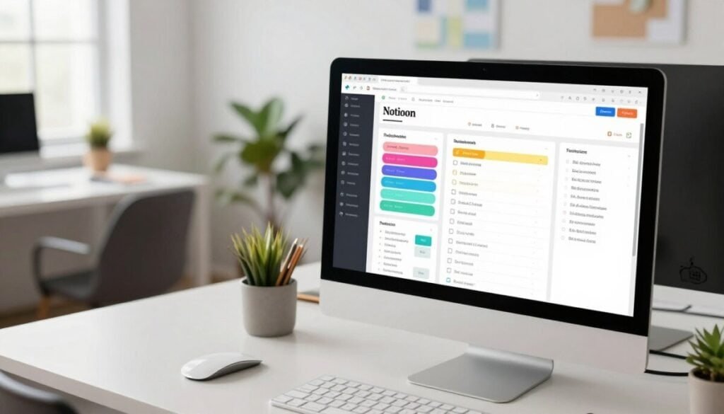 A modern Notion workspace designed for flexible customization, featuring a clean and organized layout. In the foreground, a desktop computer with an open Notion application, showcasing various customizable pages filled with colorful project management templates and to-do lists. Mid-ground includes sleek office furniture and minimalistic decor, including plants and stationery that convey a fresh work environment. In the background, large windows allow natural light to flood the space, enhancing the productive atmosphere. The scene is captured from a slightly elevated angle, creating depth and inviting viewers to explore the workspace. The overall mood is inspiring and dynamic, emphasizing collaboration and creativity in a contemporary business setting. A modern Notion workspace designed for flexible customization, featuring a clean and organized layout. In the foreground, a desktop computer with an open Notion application, showcasing various customizable pages filled with colorful project management templates and to-do lists. Mid-ground includes sleek office furniture and minimalistic decor, including plants and stationery that convey a fresh work environment. In the background, large windows allow natural light to flood the space, enhancing the productive atmosphere. The scene is captured from a slightly elevated angle, creating depth and inviting viewers to explore the workspace. The overall mood is inspiring and dynamic, emphasizing collaboration and creativity in a contemporary business setting.