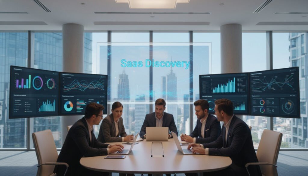A modern SaaS management platform in a sleek office environment, featuring multiple computer screens displaying colorful graphs, charts, and analytics dashboards. In the foreground, a diverse group of business professionals in smart casual attire collaborate around a table, engaged in deep discussion. The middle ground showcases a large digital display board with the words "SaaS Discovery" illuminated. In the background, large windows reveal a bright city skyline, adding a sense of innovation. Soft, ambient lighting creates a focused yet inviting atmosphere. The scene captures the essence of leveraging data for effective SaaS management, emphasizing teamwork and technology integration. The angle is slightly above eye level, providing a comprehensive view of the workspace. A modern SaaS management platform in a sleek office environment, featuring multiple computer screens displaying colorful graphs, charts, and analytics dashboards. In the foreground, a diverse group of business professionals in smart casual attire collaborate around a table, engaged in deep discussion. The middle ground showcases a large digital display board with the words "SaaS Discovery" illuminated. In the background, large windows reveal a bright city skyline, adding a sense of innovation. Soft, ambient lighting creates a focused yet inviting atmosphere. The scene captures the essence of leveraging data for effective SaaS management, emphasizing teamwork and technology integration. The angle is slightly above eye level, providing a comprehensive view of the workspace.
