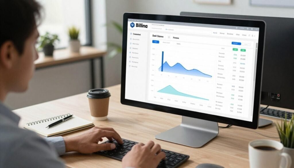 A modern and sleek billing dashboard interface displayed on a computer screen in an office setting. In the foreground, focus on a digital dashboard showcasing graphs, revenue metrics, and subscription details. A hands-on approach is represented by a professional in business attire, analyzing the screen with a thoughtful expression. The middle layer features a well-organized workspace with a notebook, pen, and a coffee cup, emphasizing productivity. The background includes a subtly blurred view of a modern office with natural lighting illuminating the scene, creating a warm and professional atmosphere. Use a wide-angle lens effect to capture the entire workspace, enhancing the feeling of a collaborative environment focused on billing software functionalities. The mood is one of innovation and efficiency, suitable for a tech-savvy audience.