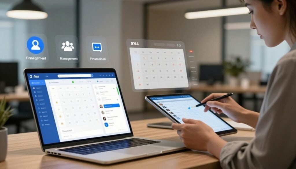 A modern and sleek digital workspace showcasing essential features of scheduling software. In the foreground, a laptop open to a vibrant dashboard displaying calendar integrations, automated reminders, and user-friendly interface designs. Beside the laptop, a business professional in smart attire reviews meeting schedules on a tablet, with a focused expression. In the middle ground, there are visual icons representing features like time zone management, group scheduling, and analytics, hovering above an interactive calendar. The background features a softly blurred office environment with warm, inviting lighting that creates a productive atmosphere. The image captures a sense of efficiency and professionalism, emphasizing technology's role in modern business scheduling.