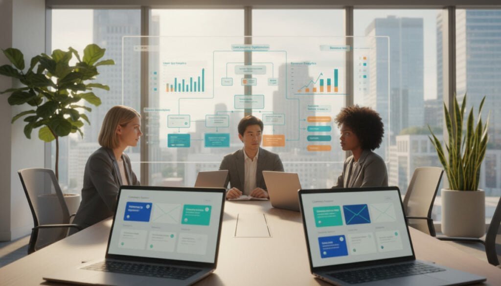 A modern and sleek office environment representing SaaS success, showcasing a diverse group of professionals (a Caucasian woman, an Asian man, and a Black woman) working collaboratively at a conference table. In the foreground, laptops are open with email interfaces visible, demonstrating onboarding and lifecycle emails in a visually appealing layout. The middle ground features a large digital screen displaying flowcharts and analytics to indicate streamlined processes. The background includes large windows with city views and potted plants, creating a bright and inviting atmosphere. Use natural lighting for a warm glow, and capture the scene with a slight wide-angle lens to emphasize teamwork and innovation. The overall mood is focused and productive, embodying the essence of efficiency in SaaS communication.