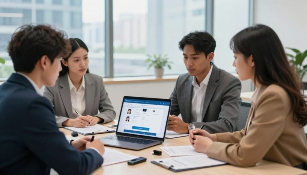 A modern, bright office space conveys a professional atmosphere for onboarding identity verification. In the foreground, a diverse group of three professionals—a man and a woman of different ethnicities, both dressed in modern business attire, and a woman in smart casual clothing—are engaged in discussion around a sleek, high-tech laptop displaying a secure verification interface that shows ID uploads. In the middle ground, a gently illuminated conference table is cluttered with identity documents and biometric tools like a fingerprint scanner. The background features large windows with soft natural light filtering in, showcasing a cityscape. The mood reflects a sense of urgency balanced with focus, evoking the importance of securing and speeding up the verification process while maintaining professionalism. The scene is shot from a slight angle, emphasizing collaboration and technology. A modern, bright office space conveys a professional atmosphere for onboarding identity verification. In the foreground, a diverse group of three professionals—a man and a woman of different ethnicities, both dressed in modern business attire, and a woman in smart casual clothing—are engaged in discussion around a sleek, high-tech laptop displaying a secure verification interface that shows ID uploads. In the middle ground, a gently illuminated conference table is cluttered with identity documents and biometric tools like a fingerprint scanner. The background features large windows with soft natural light filtering in, showcasing a cityscape. The mood reflects a sense of urgency balanced with focus, evoking the importance of securing and speeding up the verification process while maintaining professionalism. The scene is shot from a slight angle, emphasizing collaboration and technology.