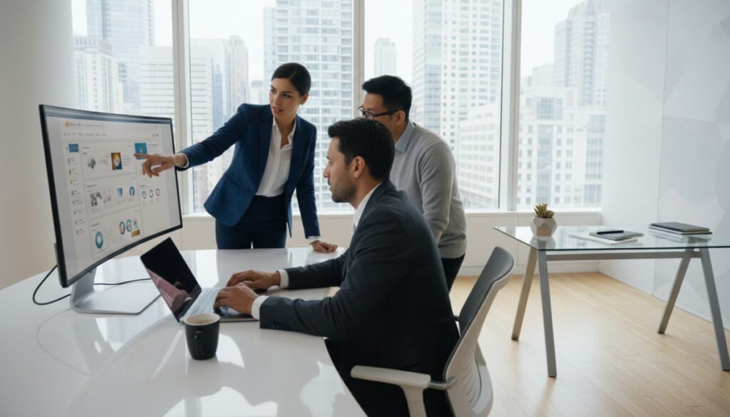 A modern business office interior featuring a well-organized workspace. In the foreground, a diverse group of three professionals, dressed in business attire, is gathered around a sleek computer displaying a SaaS application portal. One person is pointing at the screen, while another is typing on a laptop, looking engaged and focused. The middle section showcases a stylish glass desk with office supplies, a potted plant, and a coffee mug, creating a productive atmosphere. In the background, large windows allow natural light to flood the room, with city skyline views. The overall mood is collaborative and efficient, conveying a sense of urgency and professionalism. The lighting is bright and inviting, emphasizing the technology at hand, captured in a wide-angle shot to provide depth and context. A modern business office interior featuring a well-organized workspace. In the foreground, a diverse group of three professionals, dressed in business attire, is gathered around a sleek computer displaying a SaaS application portal. One person is pointing at the screen, while another is typing on a laptop, looking engaged and focused. The middle section showcases a stylish glass desk with office supplies, a potted plant, and a coffee mug, creating a productive atmosphere. In the background, large windows allow natural light to flood the room, with city skyline views. The overall mood is collaborative and efficient, conveying a sense of urgency and professionalism. The lighting is bright and inviting, emphasizing the technology at hand, captured in a wide-angle shot to provide depth and context.