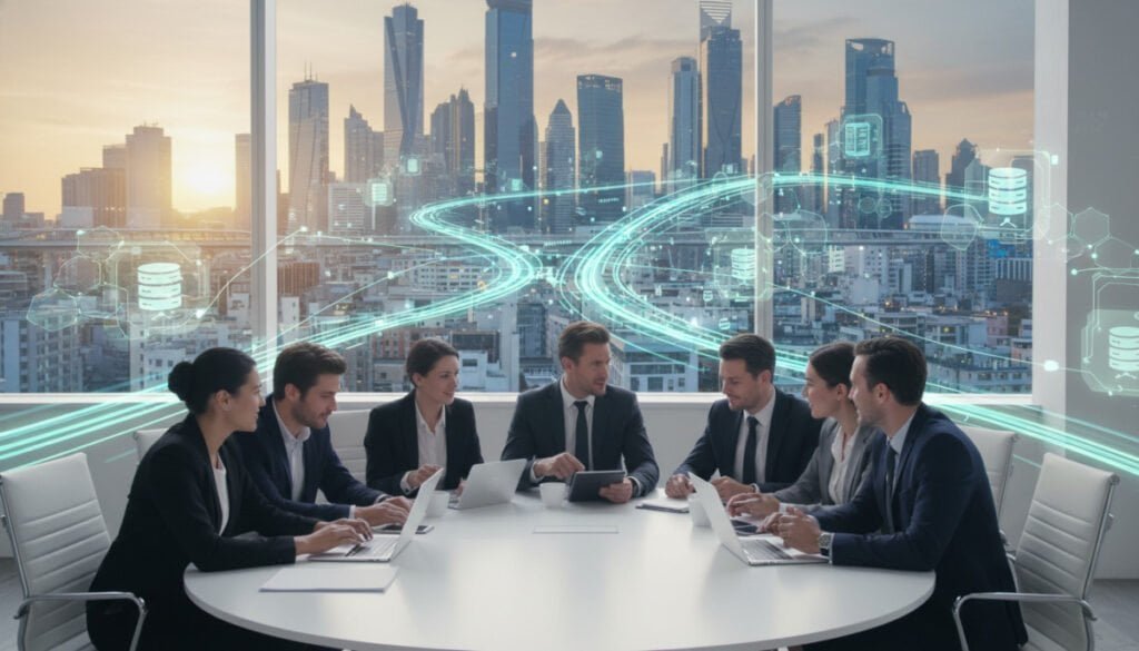 A modern cloud-based SaaS infrastructure scene, showcasing a digital landscape with interconnected servers and data centers. In the foreground, depict a diverse group of professionals in smart business attire working on laptops, collaborating in a bright, open office environment. In the middle layer, illustrate floating data streams and graphical representations of cloud technology, such as database icons and network connections, symbolizing accessibility and connectivity. The background features a city skyline, signifying the global reach of SaaS solutions. Use soft, ambient lighting to create a welcoming atmosphere, with a slightly elevated perspective to emphasize the vastness of the infrastructure. The overall mood should be innovative and forward-thinking, representing the evolution of technology in the business world. A modern cloud-based SaaS infrastructure scene, showcasing a digital landscape with interconnected servers and data centers. In the foreground, depict a diverse group of professionals in smart business attire working on laptops, collaborating in a bright, open office environment. In the middle layer, illustrate floating data streams and graphical representations of cloud technology, such as database icons and network connections, symbolizing accessibility and connectivity. The background features a city skyline, signifying the global reach of SaaS solutions. Use soft, ambient lighting to create a welcoming atmosphere, with a slightly elevated perspective to emphasize the vastness of the infrastructure. The overall mood should be innovative and forward-thinking, representing the evolution of technology in the business world.