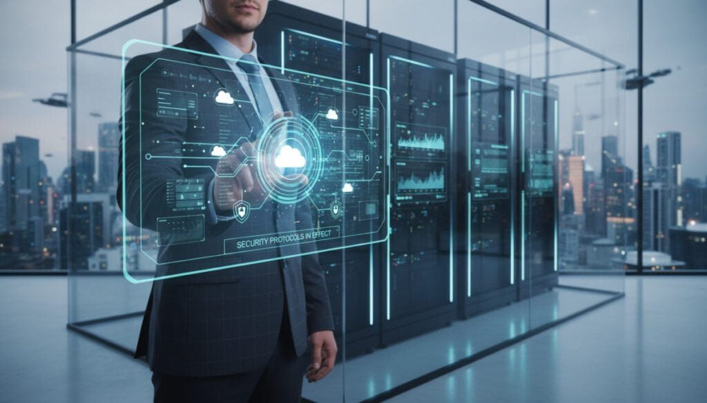 A modern cloud software environment showcasing "Security and Performance." In the foreground, a professional individual in business attire interacts with a holographic display of interconnected cloud networks, illustrating data flow and security protocols. The middle layer features a sleek, high-tech server room with glowing server racks, showing real-time performance metrics on screens. The background highlights a city skyline through large glass windows, symbolizing connectivity. Soft, ambient lighting enhances a futuristic atmosphere, while a slight depth of field creates focus on the individual and the hologram. Overall, the image conveys a sense of innovation, security, and robust performance in cloud technology. A modern cloud software environment showcasing "Security and Performance." In the foreground, a professional individual in business attire interacts with a holographic display of interconnected cloud networks, illustrating data flow and security protocols. The middle layer features a sleek, high-tech server room with glowing server racks, showing real-time performance metrics on screens. The background highlights a city skyline through large glass windows, symbolizing connectivity. Soft, ambient lighting enhances a futuristic atmosphere, while a slight depth of field creates focus on the individual and the hologram. Overall, the image conveys a sense of innovation, security, and robust performance in cloud technology.