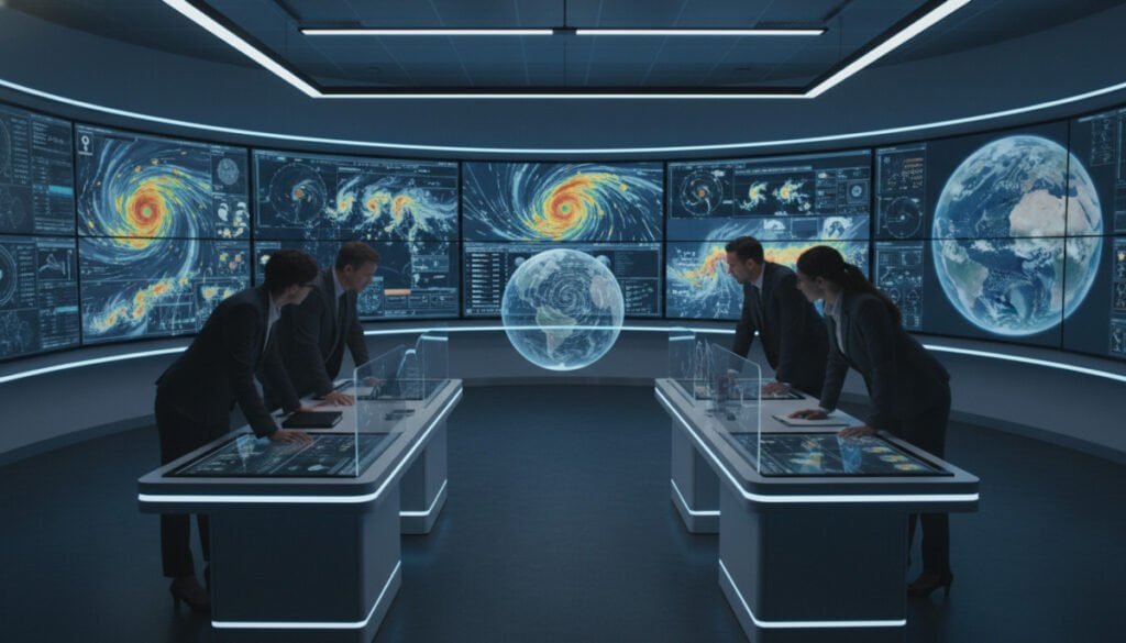 A modern control room filled with advanced weather forecasting technology, featuring multiple large screens displaying dynamic weather patterns, radar images, and satellite data. In the foreground, a group of diverse meteorologists in professional business attire, intently analyzing the information and discussing insights. The middle ground showcases futuristic consoles with interactive touch interfaces and a digital globe highlighting various weather phenomena. The background is illuminated by soft, cool-toned lighting, creating a high-tech atmosphere. The scene conveys a sense of focus and collaboration, reflecting the integration of technology in predicting unpredictable weather with precision. The angle is slightly elevated, capturing the depth of the room and emphasizing the scale of the technology.