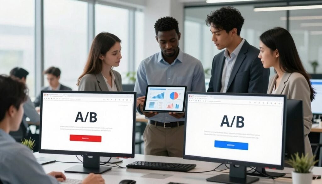 A modern digital workspace depicting A/B testing concepts. In the foreground, two computer screens display contrasting website designs, one with a vibrant red button and the other with a blue button, symbolizing A/B options. In the middle ground, a diverse group of professionals in business attire -- a Caucasian woman, a Black man, and an Asian woman -- analyze data on a digital tablet, showcasing charts and graphs reflecting testing results. The background features a sleek, high-tech office with large windows allowing natural light to flood the space, creating a bright and inspiring atmosphere. The overall mood conveys innovation and collaboration, capturing the essence of artificial intelligence enhancing modern testing methodologies. Soft focus on the background enhances the subjects in the foreground. A modern digital workspace depicting A/B testing concepts. In the foreground, two computer screens display contrasting website designs, one with a vibrant red button and the other with a blue button, symbolizing A/B options. In the middle ground, a diverse group of professionals in business attire -- a Caucasian woman, a Black man, and an Asian woman -- analyze data on a digital tablet, showcasing charts and graphs reflecting testing results. The background features a sleek, high-tech office with large windows allowing natural light to flood the space, creating a bright and inspiring atmosphere. The overall mood conveys innovation and collaboration, capturing the essence of artificial intelligence enhancing modern testing methodologies. Soft focus on the background enhances the subjects in the foreground.