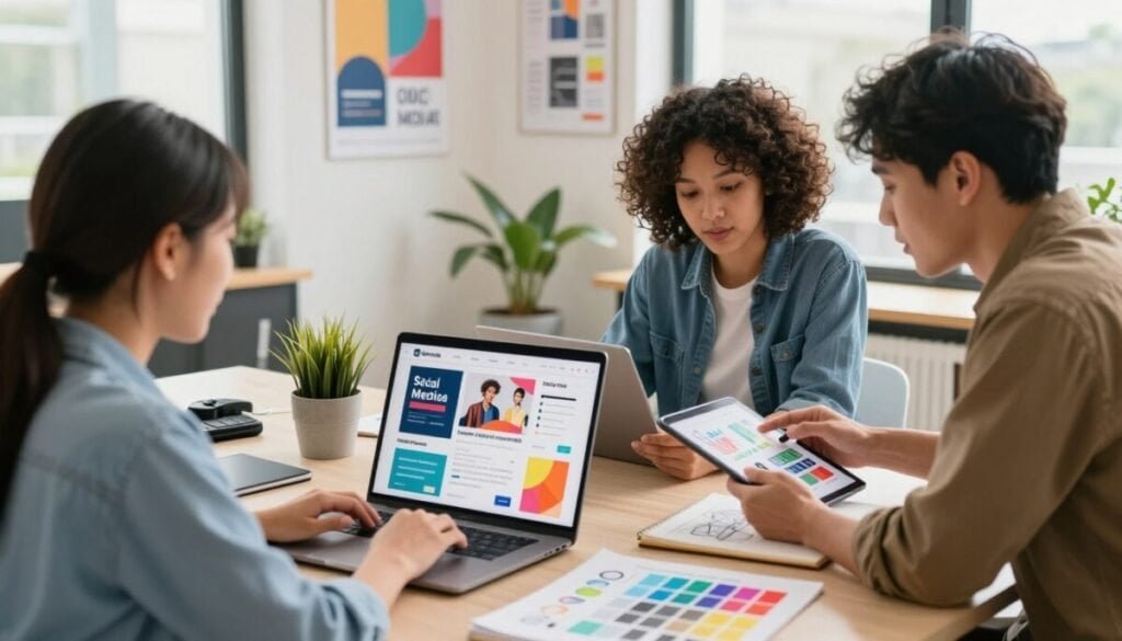 A modern digital workspace featuring a diverse group of three professionals, two women and one man, collaborating on designing visual assets for social media. In the foreground, one woman is focused on a laptop screen, displaying colorful social media post templates. The second woman is sketching ideas on a notepad, surrounded by vibrant color swatches. The man is reviewing graphics on a tablet. In the middle ground, inspirational posters related to design hang on the walls, and there's a stylish plant in a pot. The background showcases a bright, airy office with large windows allowing natural light to illuminate the scene, creating a warm and creative atmosphere. The composition emphasizes teamwork and creativity, captured with a slight overhead angle for a dynamic perspective.