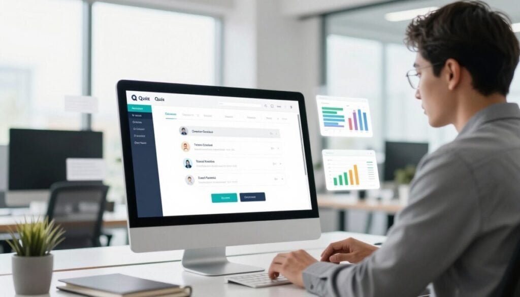 A modern digital workspace illustrating lead capture techniques, featuring a sleek computer screen displaying a dynamic quiz funnel interface. In the foreground, a professional in business attire is focused on the screen, analyzing quiz results. In the middle ground, visual elements representing data analytics, like colorful charts and graphs, float around the screen. The background showcases a bright, well-lit office environment with large windows allowing natural light to pour in, enhancing the atmosphere of innovation and efficiency. Use a soft focus effect on the background to draw attention to the lead capture process, creating an engaging and inspiring mood, symbolizing advancement in lead generation tools. A modern digital workspace illustrating lead capture techniques, featuring a sleek computer screen displaying a dynamic quiz funnel interface. In the foreground, a professional in business attire is focused on the screen, analyzing quiz results. In the middle ground, visual elements representing data analytics, like colorful charts and graphs, float around the screen. The background showcases a bright, well-lit office environment with large windows allowing natural light to pour in, enhancing the atmosphere of innovation and efficiency. Use a soft focus effect on the background to draw attention to the lead capture process, creating an engaging and inspiring mood, symbolizing advancement in lead generation tools.