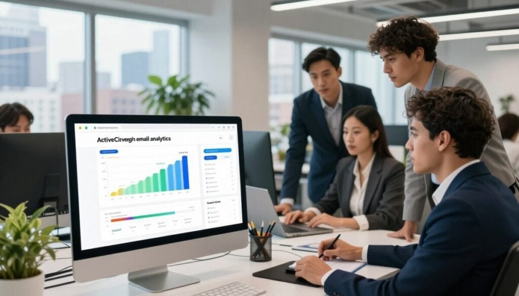 A modern digital workspace showcasing "ActiveCampaign email analytics". In the foreground, a large computer screen displays colorful and interactive email performance graphs and metrics, including open rates, click-through rates, and conversion statistics. Beside the screen, a diverse group of professionals in smart business attire collaboratively discussing the data, with focused expressions. In the middle ground, a sleek office environment featuring contemporary furniture, bright lighting from large windows, and potted plants. The background has a blurred view of a vibrant city skyline, adding a dynamic atmosphere. The overall mood conveys professionalism and collaboration, highlighting the importance of analytics in optimizing sales funnels. Use bright, clear lighting that complements the tech-centric theme, with a slightly wide-angle perspective to capture the workspace's ambiance.