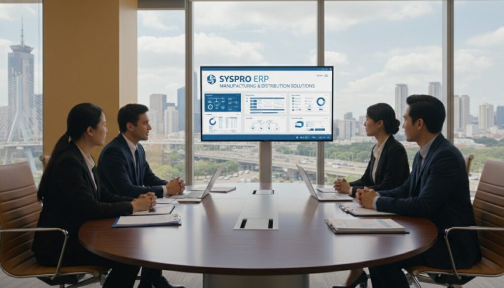 A modern, high-tech office space serving as the backdrop for a collaborative meeting about SYSPRO ERP tailored for manufacturing and distribution sectors. In the foreground, a diverse team of professionals in smart business attire actively discussing over a large digital display revealing SYSPRO's user interface. The middle layer features sleek modern furniture, documents, and laptops scattered across a polished conference table. In the background, large windows showcase a bustling cityscape, letting in natural light that casts soft shadows, creating a professional and inspiring atmosphere. The image has a warm color palette with clear details, shot from a slightly elevated angle to encompass both team interaction and the digital elements. A modern, high-tech office space serving as the backdrop for a collaborative meeting about SYSPRO ERP tailored for manufacturing and distribution sectors. In the foreground, a diverse team of professionals in smart business attire actively discussing over a large digital display revealing SYSPRO's user interface. The middle layer features sleek modern furniture, documents, and laptops scattered across a polished conference table. In the background, large windows showcase a bustling cityscape, letting in natural light that casts soft shadows, creating a professional and inspiring atmosphere. The image has a warm color palette with clear details, shot from a slightly elevated angle to encompass both team interaction and the digital elements.