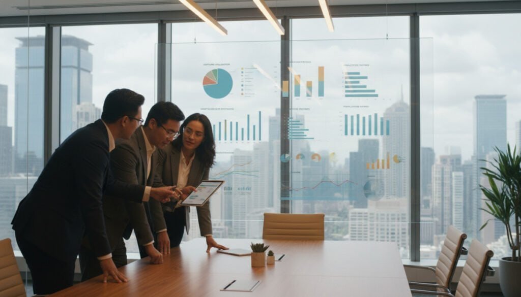 A modern office conference room where professionals are engaged in a strategic discussion about rightsizing and consolidating software licenses. In the foreground, a diverse group of three individuals in professional business attire, reviewing digital documents on a sleek tablet. The middle ground features a large screen displaying colorful graphs and charts depicting software usage metrics and potential savings. The background shows a large window with natural light streaming in, revealing a city skyline. The atmosphere is focused and collaborative, with warm lighting that fosters a sense of innovation and teamwork, shot with a slight angle for depth, creating an engaging and dynamic composition. A modern office conference room where professionals are engaged in a strategic discussion about rightsizing and consolidating software licenses. In the foreground, a diverse group of three individuals in professional business attire, reviewing digital documents on a sleek tablet. The middle ground features a large screen displaying colorful graphs and charts depicting software usage metrics and potential savings. The background shows a large window with natural light streaming in, revealing a city skyline. The atmosphere is focused and collaborative, with warm lighting that fosters a sense of innovation and teamwork, shot with a slight angle for depth, creating an engaging and dynamic composition.