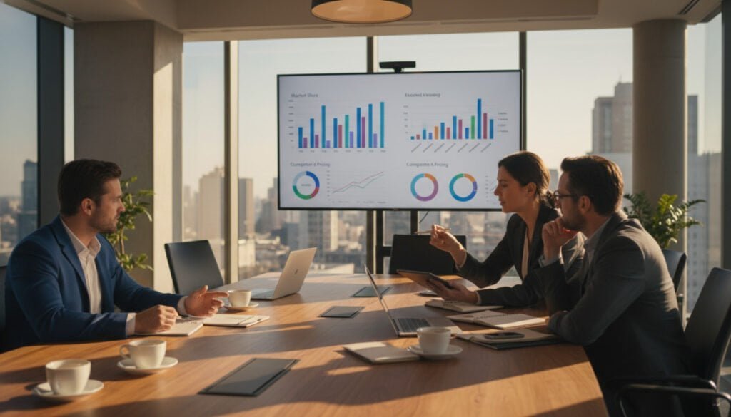 A modern office environment depicting a boardroom table with a digital screen displaying colorful graphs and charts related to competitive pricing strategies. In the foreground, a diverse group of three professionals in smart business attire—two men and one woman—are engaged in discussion, analyzing data on a tablet. In the middle, the sleek table is cluttered with laptops, notepads, and coffee cups. The background features large windows with city views, letting in bright, natural light that creates a vibrant atmosphere. Emphasize a sense of collaboration and strategic thinking, with a warm color palette that conveys professionalism and energy. Capture this scene from a slightly elevated angle to highlight the interaction and technology in use.