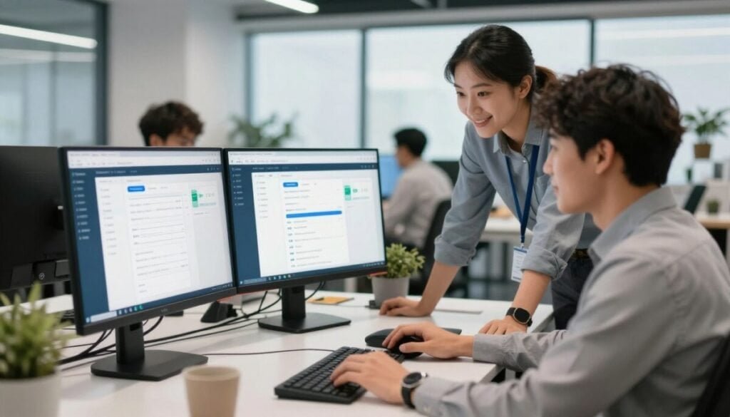 A modern office environment depicting a help desk scene for Issuetrak. In the foreground, a diverse team of three professionals, two men and one woman, wearing business attire, collaboratively discussing on a computer while showing a friendly, productive atmosphere. In the middle ground, sleek desks with dual monitors displaying the Issuetrak software interface, showcasing ticket management features and compliance tools. The background reveals a spacious office with large windows, allowing natural light to pour in, enhancing the vibrant and supportive ambiance. Soft-focus lighting accentuates the focus on teamwork and technology, with a slight depth of field effect. The overall mood is one of efficiency and flexibility, perfect for startups seeking reliable help desk solutions.