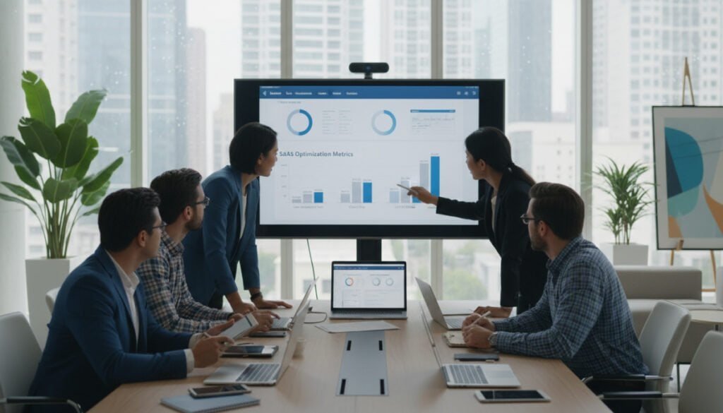 A modern office environment depicting an engaged team brainstorming around a digital whiteboard. In the foreground, a diverse group of professionals in business attire, focused and collaborating, with one person pointing at a graph illustrating SaaS optimization metrics. In the middle, a sleek conference table cluttered with laptops and digital devices showcasing collaboration software, and a large screen displaying real-time data analytics. The background features large windows allowing natural light to stream in, creating a bright and motivating atmosphere. Soft-focus elements include plants and modern decor that promote a sense of innovation and teamwork. The mood is dynamic and inspiring, emphasizing productivity and collaboration enhancement. A modern office environment depicting an engaged team brainstorming around a digital whiteboard. In the foreground, a diverse group of professionals in business attire, focused and collaborating, with one person pointing at a graph illustrating SaaS optimization metrics. In the middle, a sleek conference table cluttered with laptops and digital devices showcasing collaboration software, and a large screen displaying real-time data analytics. The background features large windows allowing natural light to stream in, creating a bright and motivating atmosphere. Soft-focus elements include plants and modern decor that promote a sense of innovation and teamwork. The mood is dynamic and inspiring, emphasizing productivity and collaboration enhancement.