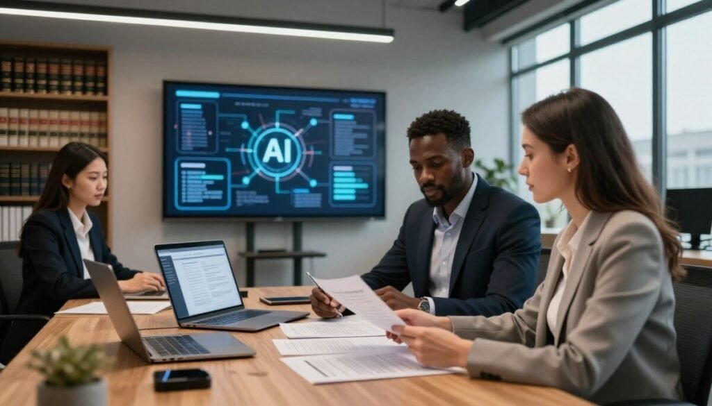 A modern office environment features a sleek wooden desk covered in contracts, digital devices, and a laptop displaying complex documents. In the foreground, a diverse group of three professionals dressed in business attire - a woman of Asian descent, a Black man, and a Caucasian woman - are intently analyzing the contracts with a look of concentration. The middle ground shows a large screen on the wall with a visual representation of AI algorithms processing the documents, highlighting key sections. Soft, ambient lighting illuminates the room, creating a focused yet collaborative atmosphere. The background includes bookshelves filled with legal texts and a large window allowing natural light to flood in, giving a sense of openness and innovation. The overall mood is one of efficiency and modernity, reflecting the transformative power of AI in contract review. A modern office environment features a sleek wooden desk covered in contracts, digital devices, and a laptop displaying complex documents. In the foreground, a diverse group of three professionals dressed in business attire - a woman of Asian descent, a Black man, and a Caucasian woman - are intently analyzing the contracts with a look of concentration. The middle ground shows a large screen on the wall with a visual representation of AI algorithms processing the documents, highlighting key sections. Soft, ambient lighting illuminates the room, creating a focused yet collaborative atmosphere. The background includes bookshelves filled with legal texts and a large window allowing natural light to flood in, giving a sense of openness and innovation. The overall mood is one of efficiency and modernity, reflecting the transformative power of AI in contract review.