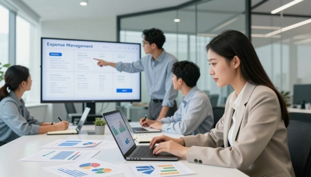 A modern office environment featuring a diverse group of professionals evaluating expense management platforms. In the foreground, a focused businesswoman in professional attire reviews financial data on a laptop, surrounded by charts and colorful graphs scattered on the table. In the middle ground, a man points to a large screen displaying a comparison of software features, while another team member takes notes. The background shows a sleek office with glass walls, indicating a collaborative atmosphere. Soft, natural lighting streams in through the windows, creating a bright and inviting mood. The camera angle is slightly tilted to capture the team's engagement and dynamic interaction, emphasizing the importance of choosing the right software for various business stages. A modern office environment featuring a diverse group of professionals evaluating expense management platforms. In the foreground, a focused businesswoman in professional attire reviews financial data on a laptop, surrounded by charts and colorful graphs scattered on the table. In the middle ground, a man points to a large screen displaying a comparison of software features, while another team member takes notes. The background shows a sleek office with glass walls, indicating a collaborative atmosphere. Soft, natural lighting streams in through the windows, creating a bright and inviting mood. The camera angle is slightly tilted to capture the team's engagement and dynamic interaction, emphasizing the importance of choosing the right software for various business stages.