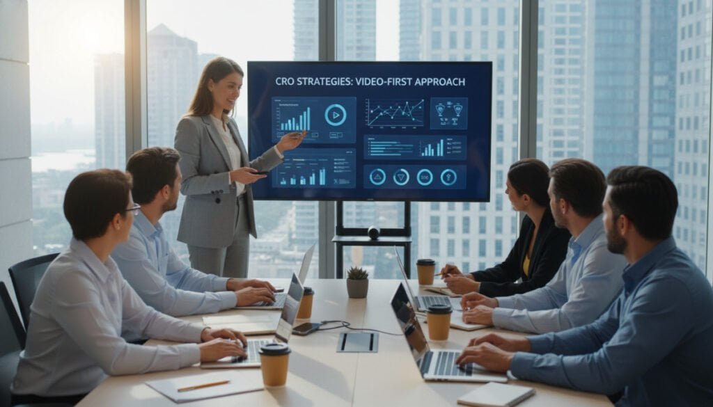 A modern office environment featuring a diverse team engaged in a collaborative session about Conversion Rate Optimization (CRO) strategies. In the foreground, a well-dressed businesswoman presents a video on a large screen, gesturing with enthusiasm. The middle ground includes colleagues focused on laptops and tablets, taking notes and discussing ideas, with various digital marketing graphs and analytics visible on their screens. In the background, large windows reveal a bright cityscape, enhancing the feeling of innovation and productivity. The lighting is bright and inviting, creating a dynamic atmosphere of teamwork and creativity, capturing the essence of a video-first approach in marketing strategy. The angle should be slightly elevated, offering a comprehensive view of the team's engagement. A modern office environment featuring a diverse team engaged in a collaborative session about Conversion Rate Optimization (CRO) strategies. In the foreground, a well-dressed businesswoman presents a video on a large screen, gesturing with enthusiasm. The middle ground includes colleagues focused on laptops and tablets, taking notes and discussing ideas, with various digital marketing graphs and analytics visible on their screens. In the background, large windows reveal a bright cityscape, enhancing the feeling of innovation and productivity. The lighting is bright and inviting, creating a dynamic atmosphere of teamwork and creativity, capturing the essence of a video-first approach in marketing strategy. The angle should be slightly elevated, offering a comprehensive view of the team's engagement.