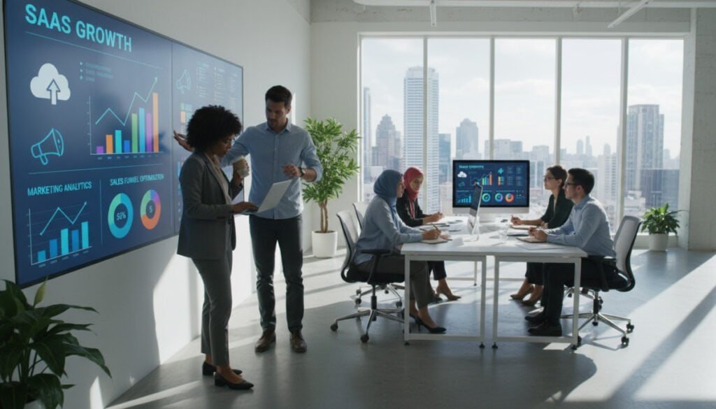 A modern office environment featuring a diverse team of professionals working together on innovative SaaS marketing strategies. In the foreground, a focused woman in smart business attire is analyzing data on a laptop, while a man beside her points to a digital display showcasing trends and analytics. In the middle, a large screen features colorful graphs and icons representing various SaaS tools, symbolizing growth in marketing and sales. The background shows a bright, airy office with large windows, allowing natural light to flood the space, enhancing a productive atmosphere. The overall mood is dynamic and collaborative, invoking a sense of teamwork and innovation in a sleek, cutting-edge workspace. Use a wide-angle lens to capture the collaborative energy.