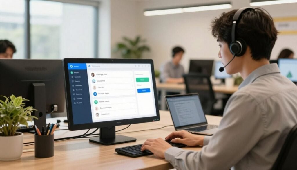 A modern office environment featuring a help desk with a sleek intercom messaging system front and center, showcasing user-friendly interface screens. In the foreground, a professional-looking customer service representative in business attire engages with a laptop, demonstrating attentiveness and efficiency. In the middle ground, a vibrant, collaborative workspace with hints of greenery and tech gadgets adds to the dynamic atmosphere. The background includes large windows that allow natural light to flood the space, enhancing the sense of openness and connectivity. Soft, warm lighting creates a welcoming mood, emphasizing the importance of messaging-first engagement. The scene conveys innovation and professionalism, perfect for a startup environment.