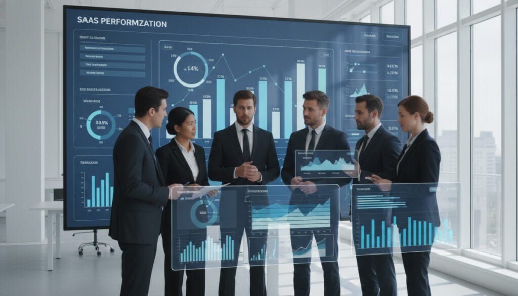 A modern office environment featuring a large digital dashboard displaying various KPIs and analytics metrics related to SaaS usage. In the foreground, a diverse team of professionals, dressed in business attire, closely monitors the dashboard, engaged in a collaborative discussion. In the middle, transparent screens show graphical charts, bar graphs, and usage statistics overlaid with vibrant colors. The background reveals a sleek, well-lit office space with large windows, allowing natural light to illuminate the scene. The atmosphere is dynamic and focused, reflecting a culture of continuous improvement and performance monitoring. Soft shadows enhance the depth of the image, captured from a slightly elevated angle to depict both the team and the digital data prominently.