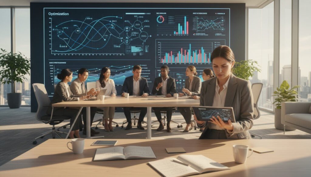 A modern office environment featuring a large digital screen displaying intricate optimization trajectories and graph plots. In the foreground, a focused professional in business attire is analyzing data with a tablet in hand, surrounded by notepads and coffee mugs, conveying a sense of collaboration and innovation. The middle ground includes a sleek conference table alongside a diverse team of professionals engaged in a discussion about optimization techniques, showcasing a diverse mix of gender and ethnicity. The background features large glass windows letting in natural sunlight, casting soft shadows throughout the room, emphasizing a bright and dynamic atmosphere. The lighting is warm and inviting, enriching the sense of teamwork. Use a wide-angle lens to capture the activity and depth of the space, creating an inspiring and engaging scene around the theme of evaluating model performance in optimization processes. A modern office environment featuring a large digital screen displaying intricate optimization trajectories and graph plots. In the foreground, a focused professional in business attire is analyzing data with a tablet in hand, surrounded by notepads and coffee mugs, conveying a sense of collaboration and innovation. The middle ground includes a sleek conference table alongside a diverse team of professionals engaged in a discussion about optimization techniques, showcasing a diverse mix of gender and ethnicity. The background features large glass windows letting in natural sunlight, casting soft shadows throughout the room, emphasizing a bright and dynamic atmosphere. The lighting is warm and inviting, enriching the sense of teamwork. Use a wide-angle lens to capture the activity and depth of the space, creating an inspiring and engaging scene around the theme of evaluating model performance in optimization processes.