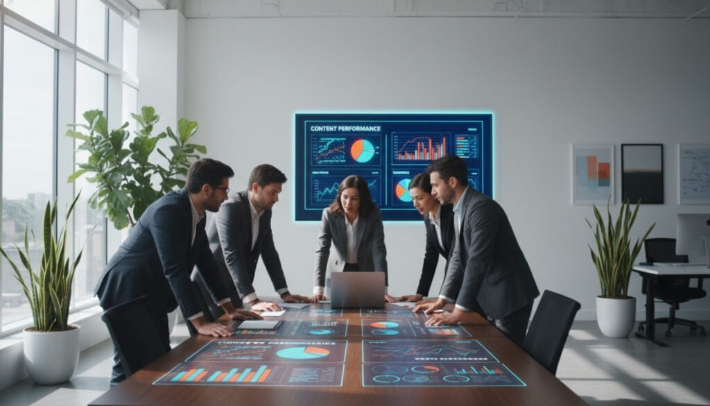 A modern office environment filled with bright, natural light streaming through large windows. In the foreground, a diverse group of professionals in business attire, engaged in a collaborative discussion around a sleek conference table layered with data visualizations and charts, analyzing key insights on a laptop. In the middle ground, a large digital screen showcases colorful graphs and analytics related to content performance and SEO metrics, creating a focal point of data-driven decision-making. The background features a minimalist design with plants and artwork, enhancing the atmosphere of innovation and productivity. The mood is dynamic and focused, illustrating the intersection of technology and content creation, captured with a wide-angle lens to emphasize collaboration. A modern office environment filled with bright, natural light streaming through large windows. In the foreground, a diverse group of professionals in business attire, engaged in a collaborative discussion around a sleek conference table layered with data visualizations and charts, analyzing key insights on a laptop. In the middle ground, a large digital screen showcases colorful graphs and analytics related to content performance and SEO metrics, creating a focal point of data-driven decision-making. The background features a minimalist design with plants and artwork, enhancing the atmosphere of innovation and productivity. The mood is dynamic and focused, illustrating the intersection of technology and content creation, captured with a wide-angle lens to emphasize collaboration.