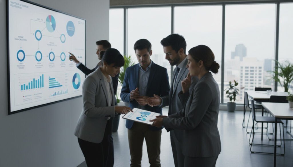 A modern office environment filled with diverse professionals engaged in a collaborative discussion about various SaaS pricing models. In the foreground, a group of two women and one man, dressed in smart business attire, are analyzing colorful charts and graphs on a digital tablet, showcasing different pricing strategies like tiered, freemium, and subscription models. The middle layer features a large, interactive touchscreen displaying infographics representing pricing comparisons. In the background, a sleek, contemporary workspace with large windows allows soft, natural light to fill the room, creating an inviting and dynamic atmosphere. The focus is on teamwork and innovation, highlighting a forward-thinking approach to SaaS pricing optimization. The overall mood is collaborative and professional, emphasizing the importance of exploring diverse pricing strategies. A modern office environment filled with diverse professionals engaged in a collaborative discussion about various SaaS pricing models. In the foreground, a group of two women and one man, dressed in smart business attire, are analyzing colorful charts and graphs on a digital tablet, showcasing different pricing strategies like tiered, freemium, and subscription models. The middle layer features a large, interactive touchscreen displaying infographics representing pricing comparisons. In the background, a sleek, contemporary workspace with large windows allows soft, natural light to fill the room, creating an inviting and dynamic atmosphere. The focus is on teamwork and innovation, highlighting a forward-thinking approach to SaaS pricing optimization. The overall mood is collaborative and professional, emphasizing the importance of exploring diverse pricing strategies.